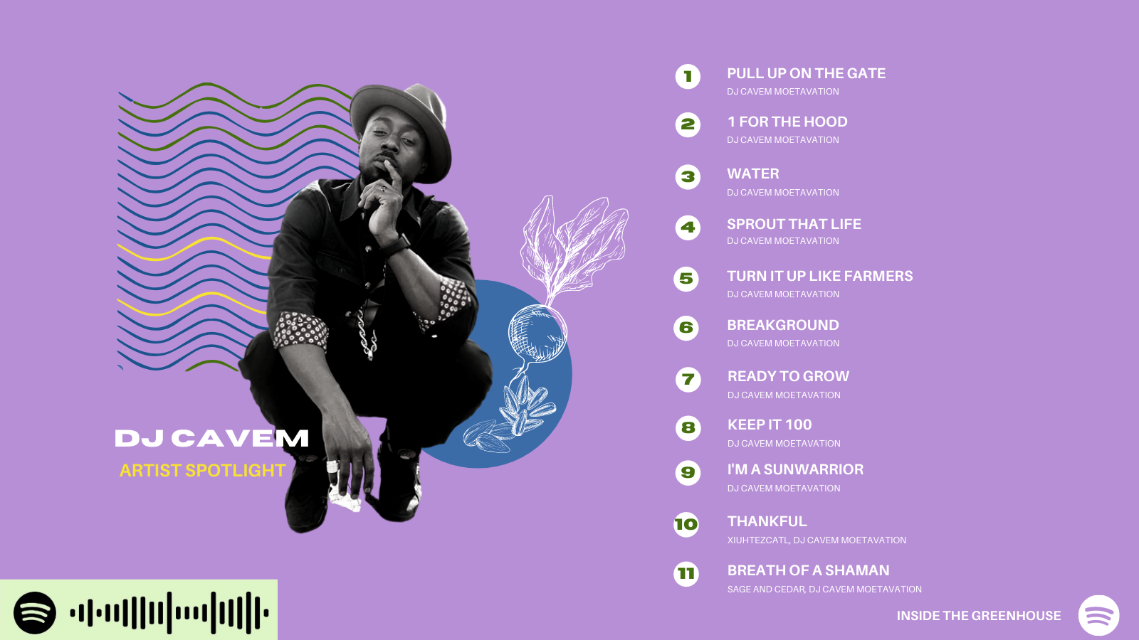 Image of DJ Cavem on Purple Background with List of featured songs on Artist Spotlight: DJ Cavem playlist. 