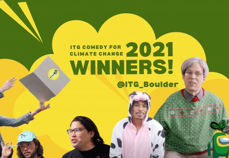 ITG Comedy for Climate Change Winners on Green and Yellow Background with images from winning videos. Images from left to right: Man throwing laptop, man with hat and pen, man with glasses, man in cow costume,  man in Christmas sweater, Green and Purple Among Us avatars.